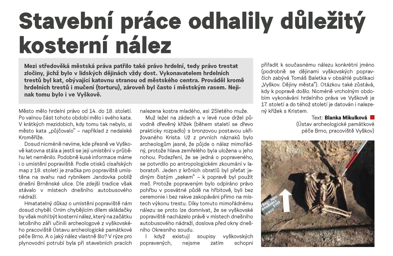 Článek Stavební práce odhalili důležitý kosterní nález - Vyškovský deník listopad 2022.jpg